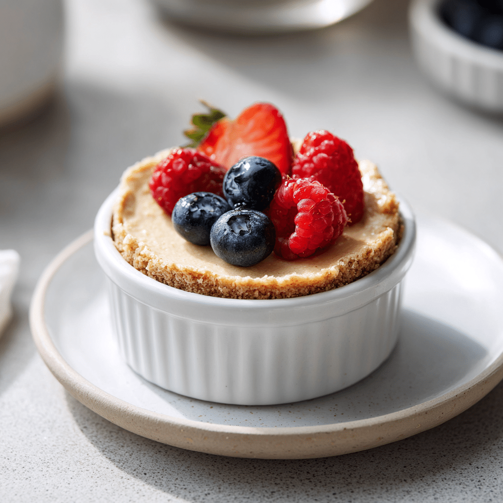 Romige paleo cashew cheesecake met vers fruit zoals frambozen, blauwe bessen en aardbei als gezonde single-serve traktatie.