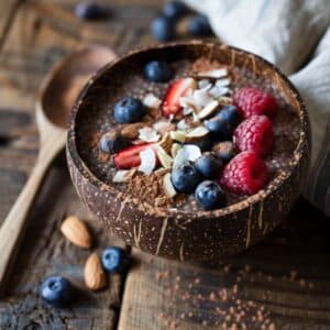 Gezonde Paleo chia-kokos ontbijtkom met cacao, voedzaam, glutenvrij en ideaal als energierijk ontbijt of tussendoortje in Nederland.