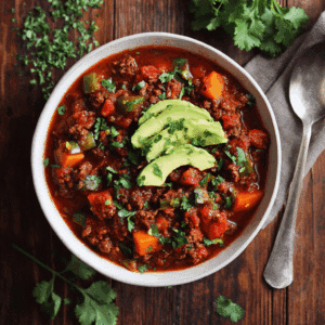 Paleo chili met rundergehakt en groenten, rijk gevulde kruidige tomatenstoof met paprika, courgette en wortel, geserveerd met avocado voor een gezonde, glutenvrije en zuivelvrije maaltijd.