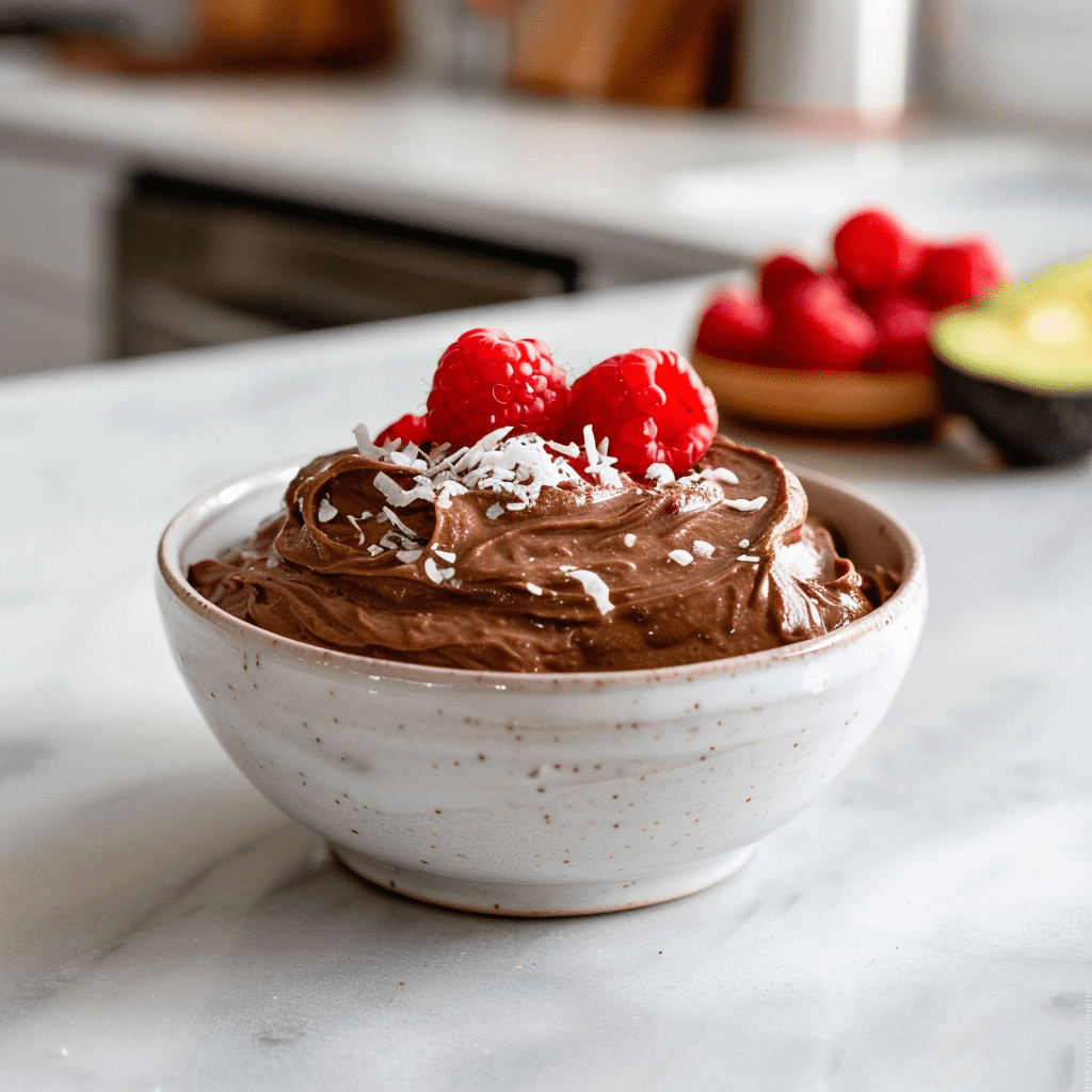 Paleo chocolade avocado mousse met romige structuur, gemaakt van cacao en kokosmelk, gegarneerd met verse frambozen en kokosrasp voor een gezond, suikervrij dessert.