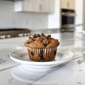 Paleo chocolade-banaan muffin met pure chocoladestukjes, luchtige structuur en natuurlijke zoetheid als gezonde ontbijt of snackoptie.