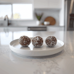 Drie chocolade-kokos energieballetjes met een coating van geraspte kokos als gezonde paleo snack.