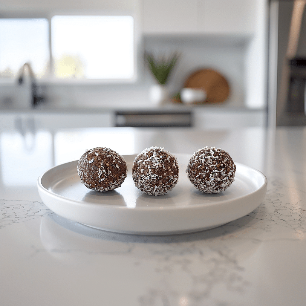 Drie chocolade-kokos energieballetjes met een coating van geraspte kokos als gezonde paleo snack.