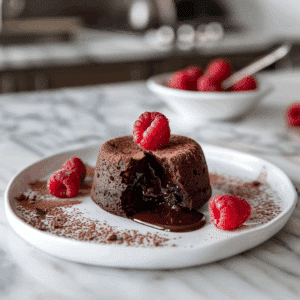 Paleo chocolade lava cake met warme, vloeibare chocoladevulling, omringd door verse frambozen en licht bestoven met cacaopoeder, een rijke en gezonde glutenvrije chocoladetraktatie.
