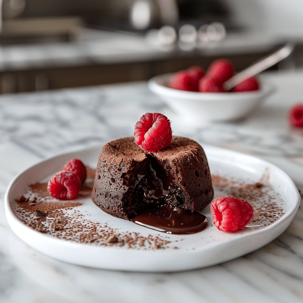 Paleo chocolade lava cake met warme, vloeibare chocoladevulling, omringd door verse frambozen en licht bestoven met cacaopoeder, een rijke en gezonde glutenvrije chocoladetraktatie.
