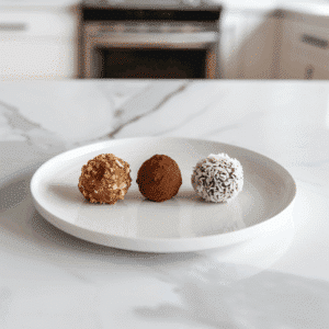 Paleo chocoladetruffels met drie verschillende coatings – één met fijngehakte noten, één met pure cacaopoeder en één met kokosrasp – prachtig gepresenteerd voor een gezonde en geraffineerde suikervrije traktatie.