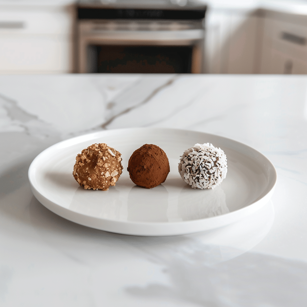 Paleo chocoladetruffels met drie verschillende coatings – één met fijngehakte noten, één met pure cacaopoeder en één met kokosrasp – prachtig gepresenteerd voor een gezonde en geraffineerde suikervrije traktatie.