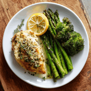 Paleo citroen knoflook geroosterde kip met verse kruiden, gecombineerd met gegrilde asperges en geroosterde broccoli voor een gezonde, eiwitrijke maaltijd.