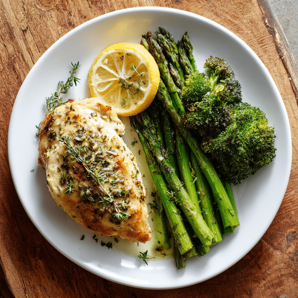 Paleo citroen knoflook geroosterde kip met verse kruiden, gecombineerd met gegrilde asperges en geroosterde broccoli voor een gezonde, eiwitrijke maaltijd.