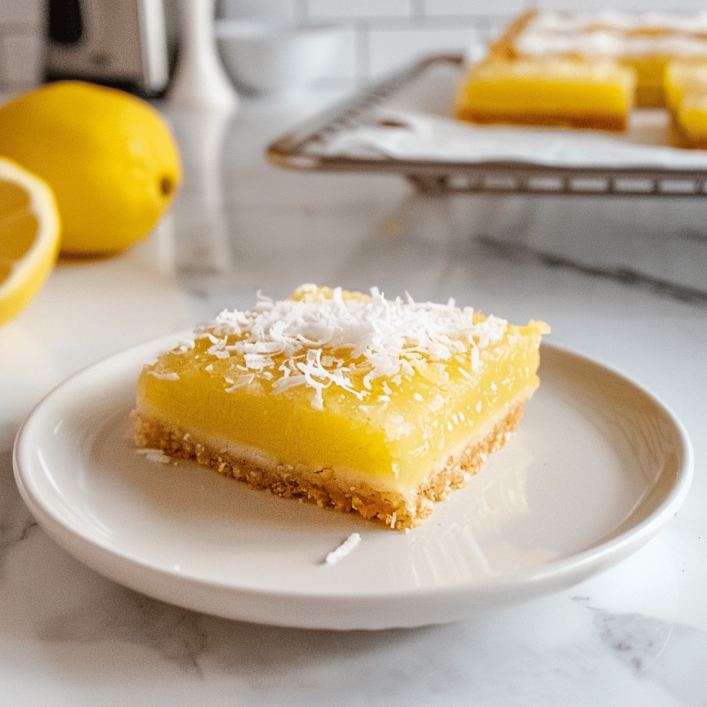 paleo citroenreep met romige frisse citroenvulling en amandelkokosbodem bestrooid met kokosrasp gezonde suikervrije lemon bar graanvrij glutenvrij dessert recept
