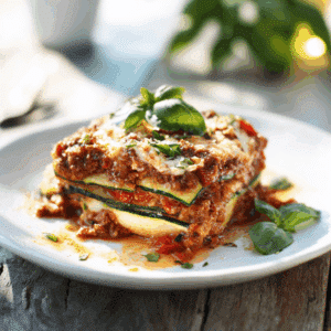 Paleo courgette lasagne met lagen verse courgette rijke vleessaus en romige cashewsaus geserveerd op een bord met verse basilicum een gezonde koolhydraatarme en graanvrije ovenschotel.
