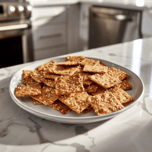 Bord met zelfgemaakte Paleo crackers van amandelmeel en lijnzaad, bestrooid met sesamzaad. Perfect als gezonde snack of voorgerecht.