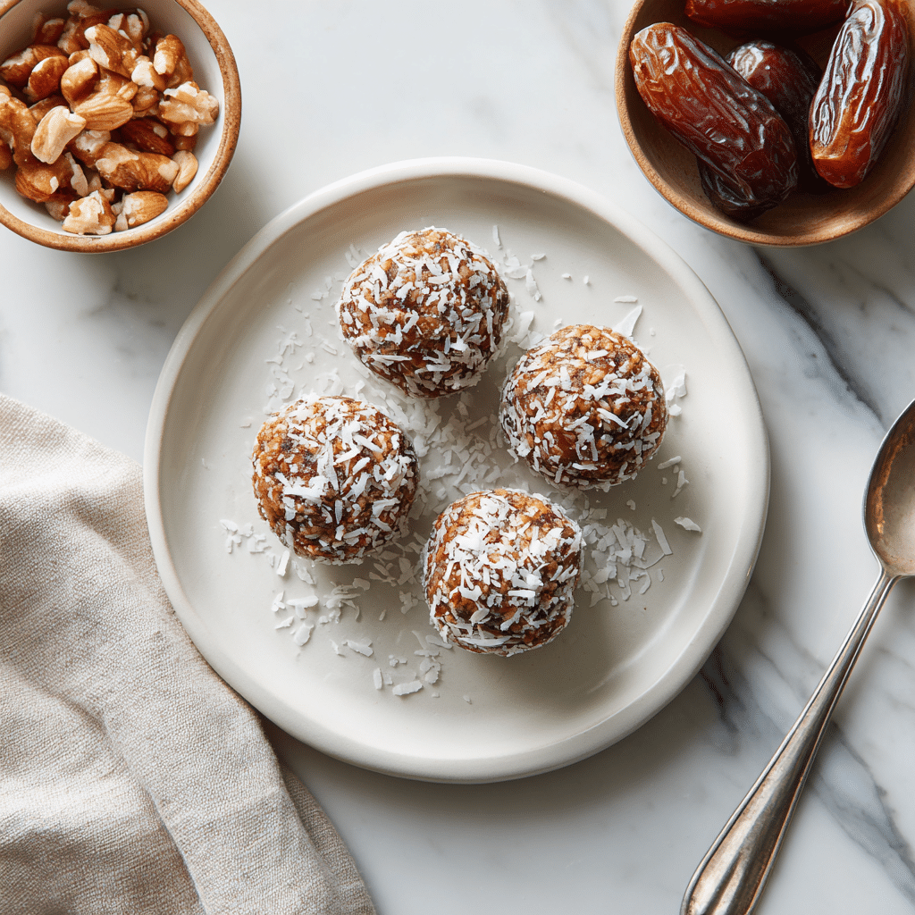 Paleo energieballetjes met dadels, noten en geraspte kokos, bedekt met kokosrasp, perfect voor een gezonde snack.