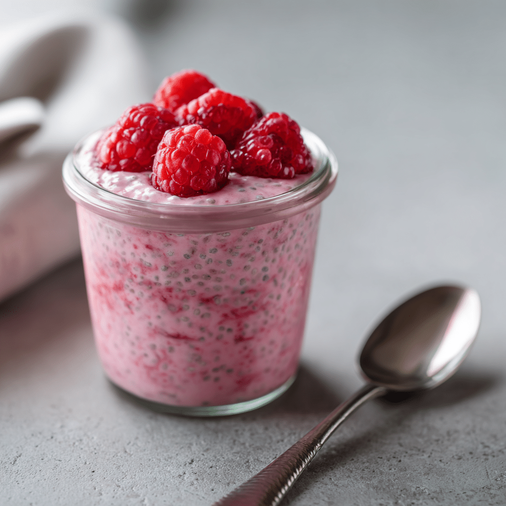 Romige frambozen chia pudding met verse frambozen bovenop als gezonde paleo ontbijtoptie