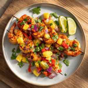 Paleo garnalenspiesjes met ananassalsa, gegrilde garnalen gemarineerd in limoen, knoflook en paprika, geserveerd met frisse salsa van ananas, rode ui, koriander en rode paprika voor een kleurrijke en tropische eiwitrijke maaltijd.