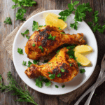 Paleo gebakken kippenpoten met paprikakruiden, krokant geroosterd en gegarneerd met verse peterselie en citroen, een eiwitrijke, glutenvrije en zuivelvrije maaltijd.