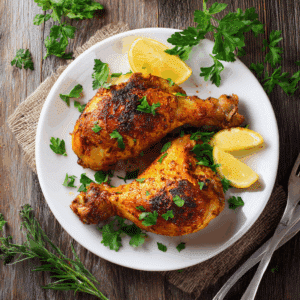 Paleo gebakken kippenpoten met paprikakruiden, krokant geroosterd en gegarneerd met verse peterselie en citroen, een eiwitrijke, glutenvrije en zuivelvrije maaltijd.