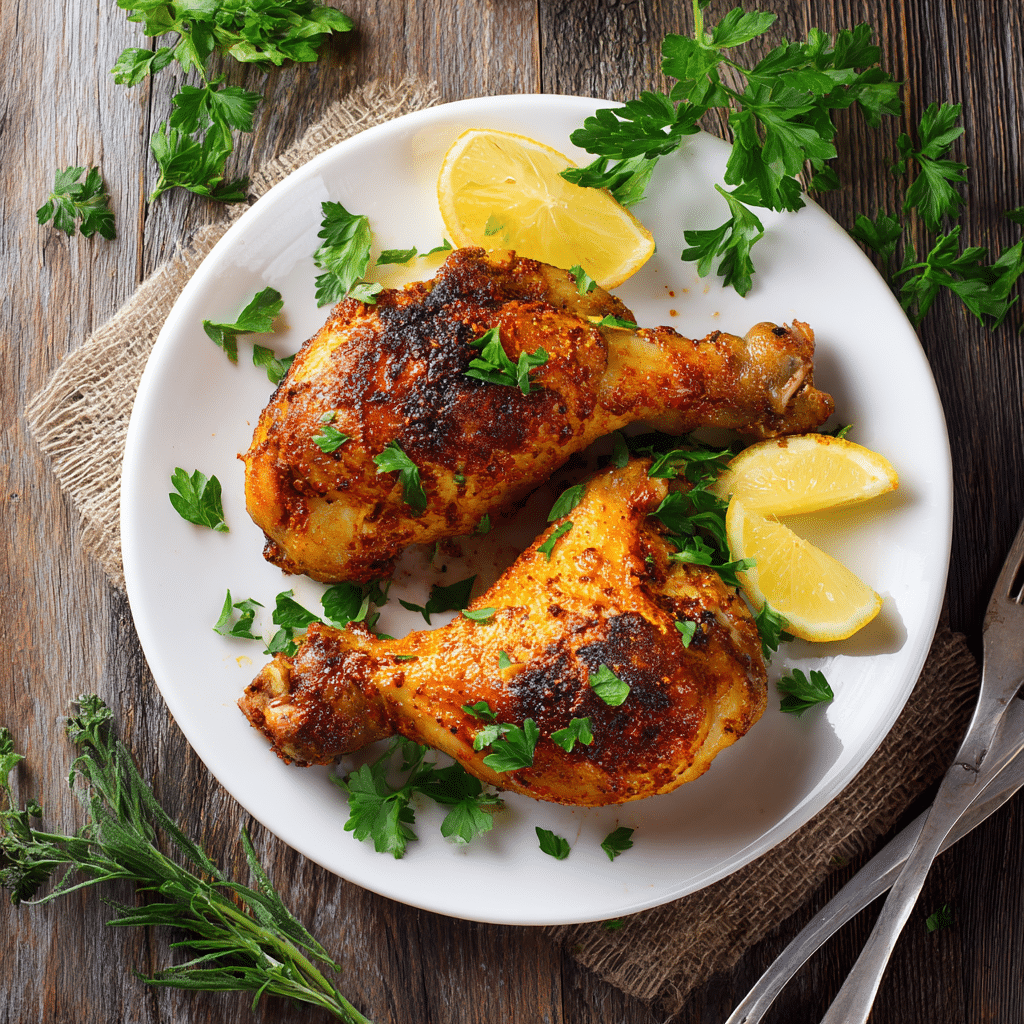 Paleo gebakken kippenpoten met paprikakruiden, krokant geroosterd en gegarneerd met verse peterselie en citroen, een eiwitrijke, glutenvrije en zuivelvrije maaltijd.