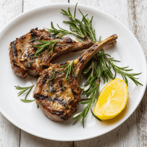 Gegrilde lamskoteletten met rozemarijn en citroen, perfect gebruind op de grill en geserveerd met verse kruiden voor een smaakvolle en Paleo vriendelijke maaltijd boordevol eiwitten.