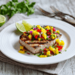 Paleo gegrilde tonijnsteaks met mango salsa, geserveerd met een frisse lime part en koriander.