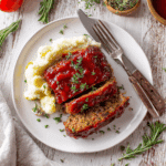 Paleo gehaktbrood met glanzend tomatenglazuur geserveerd met romige bloemkoolpuree, een gezonde en graanvrije comfortmaaltijd vol smaak en kruiden.