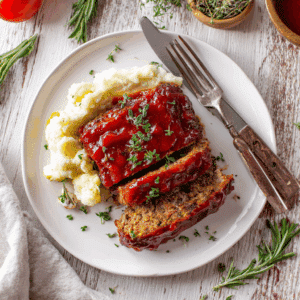 Paleo gehaktbrood met glanzend tomatenglazuur geserveerd met romige bloemkoolpuree, een gezonde en graanvrije comfortmaaltijd vol smaak en kruiden.