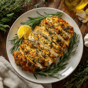 Paleo geroosterde kalkoenfilet met knoflook en verse kruiden, goudbruin gebakken en geserveerd met citroen en rozemarijn, een gezonde eiwitrijke maaltijd zonder zuivel of granen.