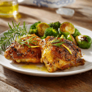 Paleo geroosterde kippendijen met rozemarijn en citroen, knapperige goudbruine huid en sappig vlees, geserveerd met geroosterde spruitjes en broccoli, een gezonde en smaakvolle maaltijd boordevol eiwitten en verse kruiden.