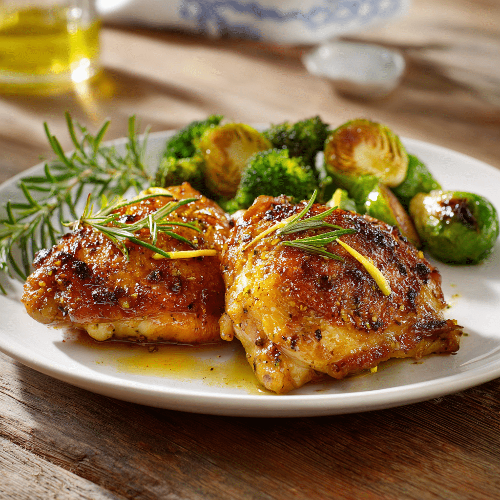 Paleo geroosterde kippendijen met rozemarijn en citroen, knapperige goudbruine huid en sappig vlees, geserveerd met geroosterde spruitjes en broccoli, een gezonde en smaakvolle maaltijd boordevol eiwitten en verse kruiden.
