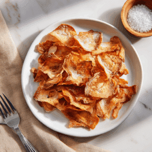 Een bord met krokante Paleo geroosterde kippenvel chips, goudbruin en licht bestrooid met zeezout. De chips hebben een delicate, knapperige textuur en zijn een gezonde, eiwitrijke snack.