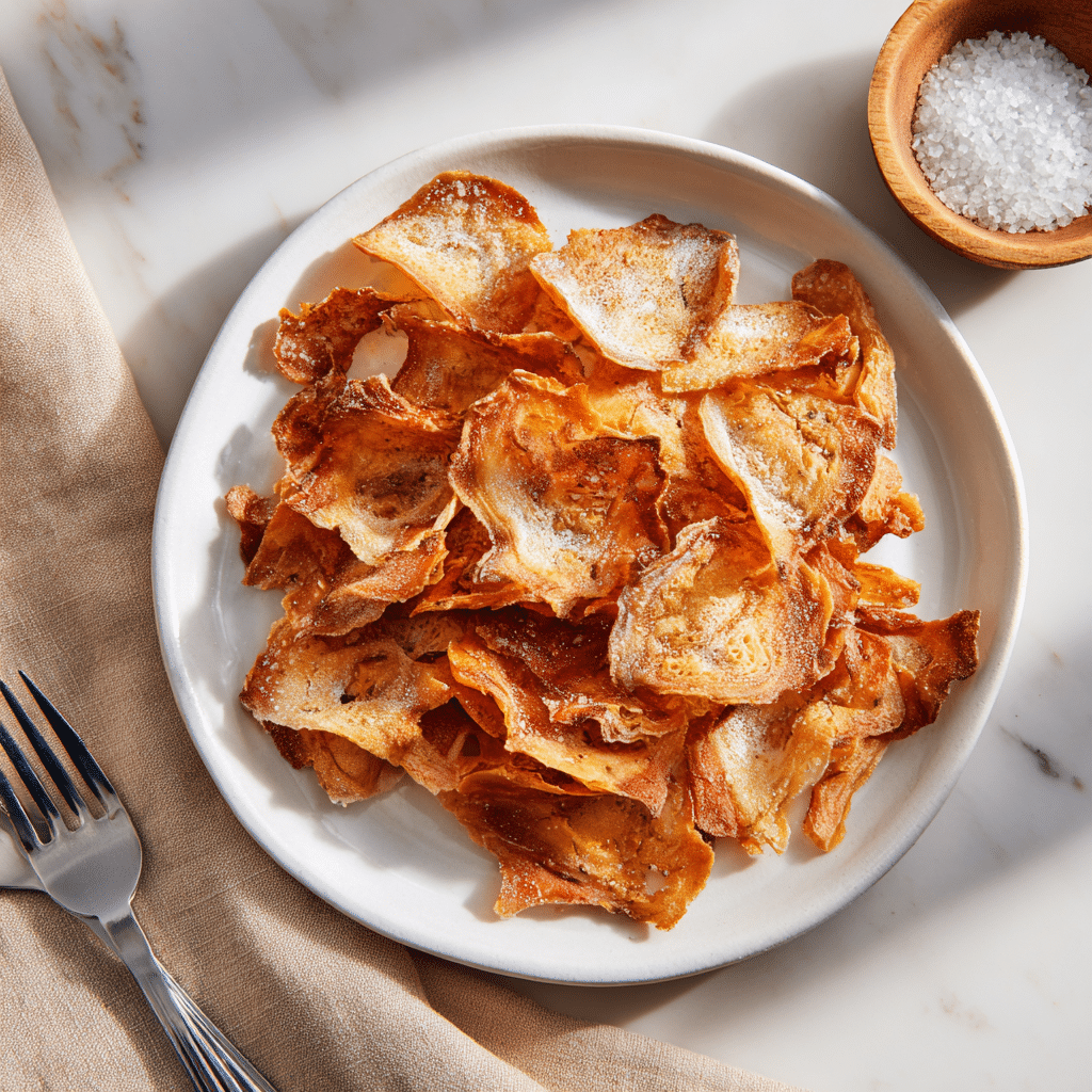 Een bord met krokante Paleo geroosterde kippenvel chips, goudbruin en licht bestrooid met zeezout. De chips hebben een delicate, knapperige textuur en zijn een gezonde, eiwitrijke snack.