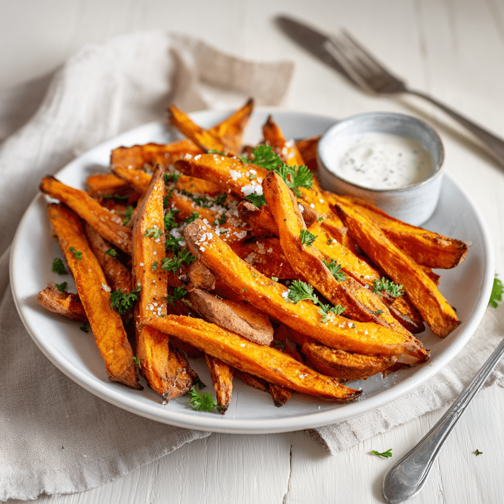 Paleo Geroosterde Zoete Aardappel Frietjes, gekruid met zeezout en vers gehakte peterselie, geserveerd met een bijgerecht van dipsaus. De frietjes zijn goudbruin en knapperig, perfect als gezond bijgerecht of snack.