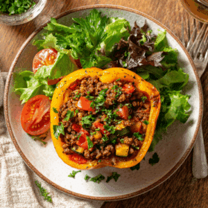 Paleo gevulde paprika met rundergehakt, courgette en paprika stukjes, geserveerd met een frisse groene salade en tomaat voor een voedzame koolhydraatarme maaltijd.