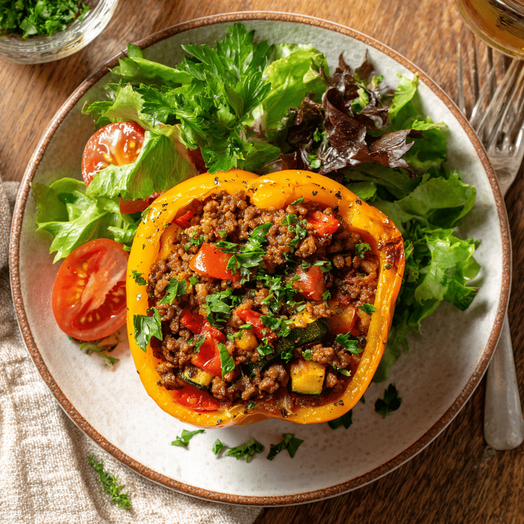 Paleo gevulde paprika met rundergehakt, courgette en paprika stukjes, geserveerd met een frisse groene salade en tomaat voor een voedzame koolhydraatarme maaltijd.