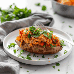 Gevulde zoete aardappel met romige kipvulling, paprika en ui, gegarneerd met verse peterselie en lente ui. Een voedzame Paleo maaltijd met zachte zoete aardappel en eiwitrijk kipmengsel.