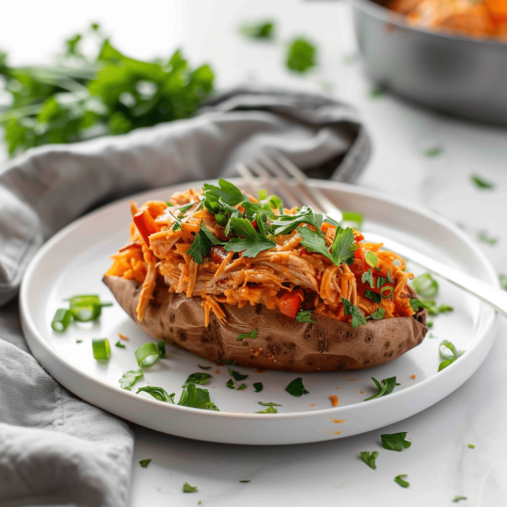 Gevulde zoete aardappel met romige kipvulling, paprika en ui, gegarneerd met verse peterselie en lente ui. Een voedzame Paleo maaltijd met zachte zoete aardappel en eiwitrijk kipmengsel.