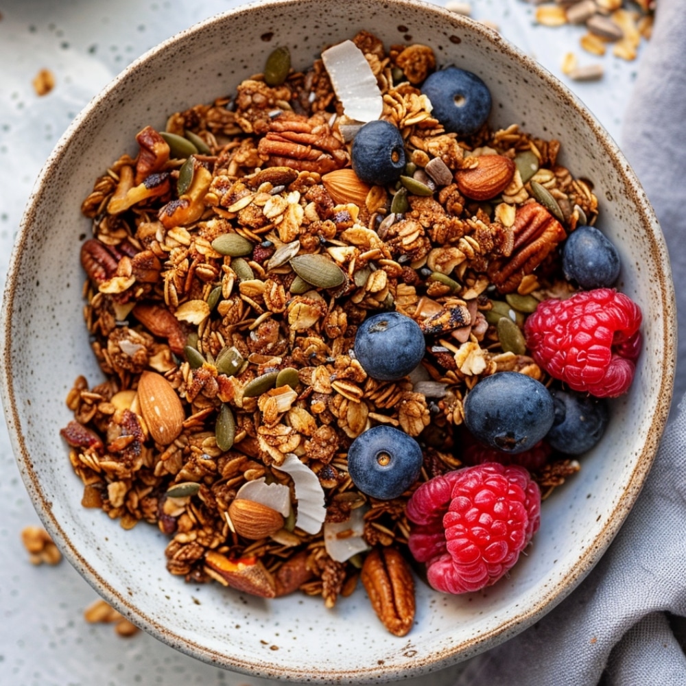 Gezonde Paleo granola met noten en kokos, rijk aan vezels en natuurlijke ingrediënten, ideaal voor ontbijt of snack in Nederland