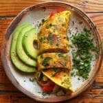 Gezonde Paleo groente omelet rol gevuld met spinazie, paprika en kruiden, eiwitrijk ontbijt of lunch, voedzaam en natuurlijk in Nederland