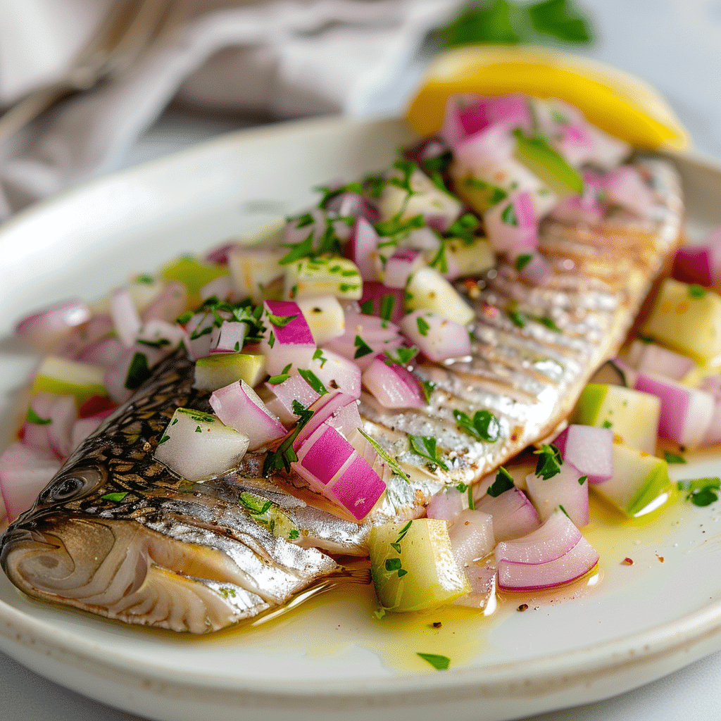 Paleo Hollandse haring met verse appel en rode ui, gegarneerd met peterselie en besprenkeld met citroen en olijfolie. Een frisse omega 3 rijke lunch met haring en knapperige topping op een wit bord.