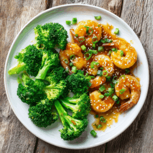 Paleo honing knoflook garnalen met malse broccoli, geglaceerd in een zoet hartige honing knoflooksaus en afgewerkt met sesamzaad en bosui, geserveerd als eiwitrijke gezonde maaltijd.