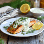 Paleo in de pan gebakken zalm met romige citroen-dille saus, knapperig gebakken zalmfilet met verse dille en citroen, een gezonde koolhydraatarme en zuivelvrije maaltijd.