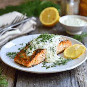 Paleo in de pan gebakken zalm met romige citroen-dille saus, knapperig gebakken zalmfilet met verse dille en citroen, een gezonde koolhydraatarme en zuivelvrije maaltijd.