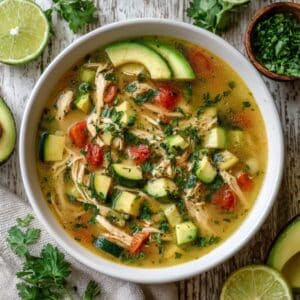 Paleo kippensoep met romige avocado, kipfilet, groenten en verse kruiden gezonde, koolhydraatarme soep, ideaal voor Paleo recepten in Nederland en België.