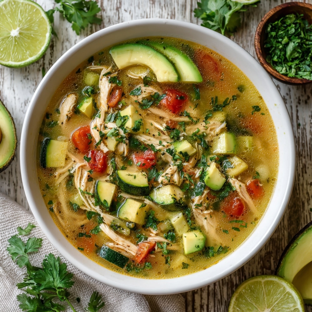 Paleo kippensoep met romige avocado, kipfilet, groenten en verse kruiden gezonde, koolhydraatarme soep, ideaal voor Paleo recepten in Nederland en België.