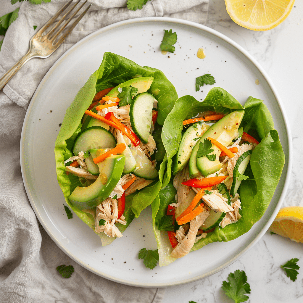 Paleo kipwraps gemaakt met knapperige slabladeren gevuld met malse kip, komkommer, paprika, wortel en avocado, afgewerkt met verse kruiden. Een lichte en eiwitrijke graanvrije maaltijd met verse groenten en kip.