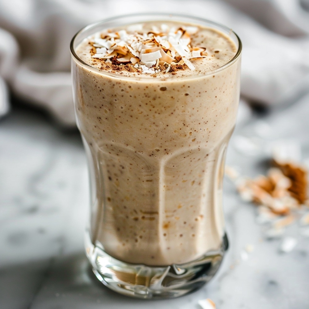 Paleo kokos-amandel ontbijtshake romige, eiwitrijke smoothie met kokosmelk en amandelboter. Gezonde start van de dag, populair in Nederland voor een snelle, voedzame ontbijtboost.