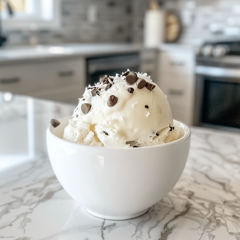 Romig paleo kokosijs zonder zuivel met chocolade stukjes en kokosrasp als gezonde, natuurlijke ijstraktatie.