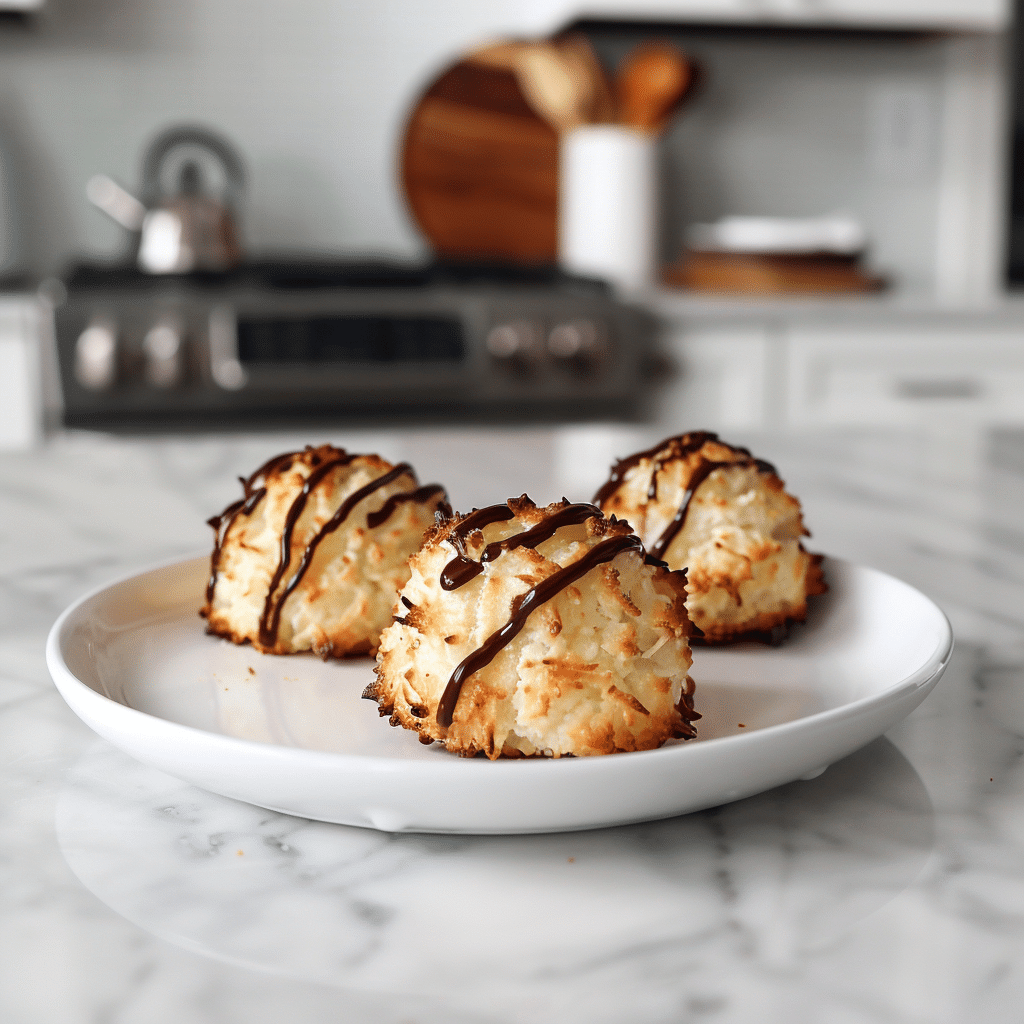 Paleo kokosmakronen met donkere chocolade drizzle, goudbruin en luchtig gebakken, gezonde kokoskoekjes zonder granen of geraffineerde suiker, ideaal als paleo dessert of snack.