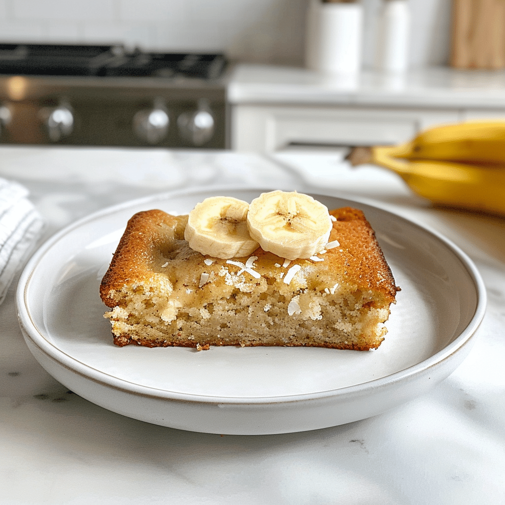 paleo kokosmeel bananencake met zachte luchtige structuur en plakjes banaan bovenop, gezonde graanvrije bananencake gemaakt met kokosmeel banaan en kokosolie voor een natuurlijk zoete en voedzame traktatie in een lichte keukenomgeving