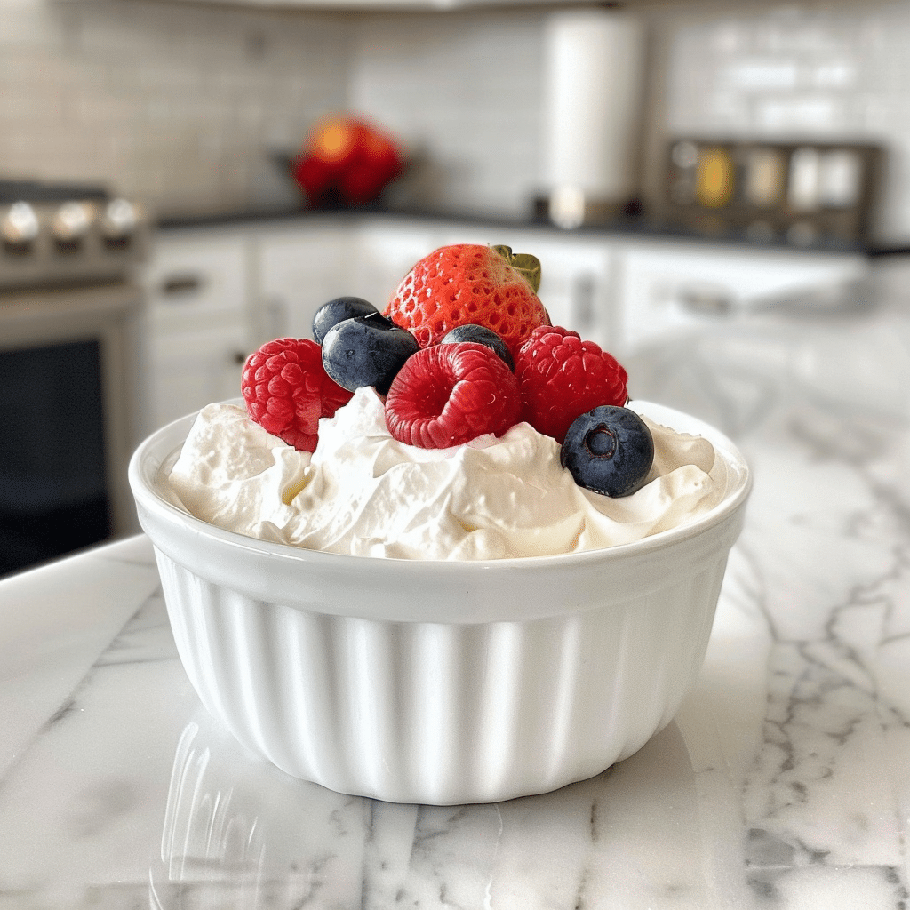 Romige Paleo kokosslagroom, rijkelijk belegd met verse bessen zoals aardbeien, frambozen en bosbessen, een licht en zuivelvrij dessert met natuurlijke zoetheid.